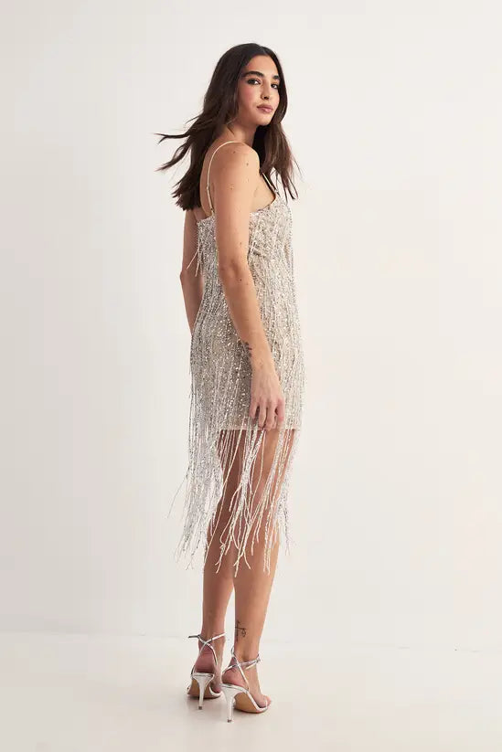 LANECHIC  Mix Beaded Tassel Strappy Mini Dress