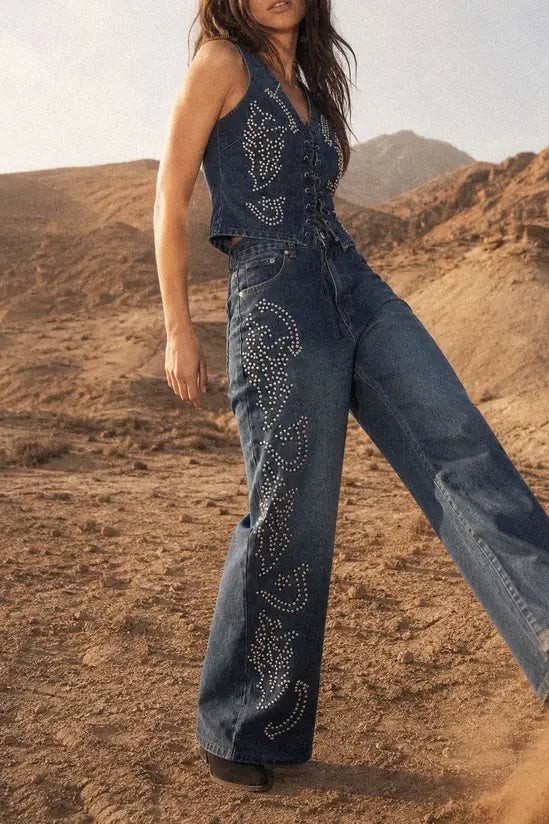 LANECHIC  Western Baggy Studded Denim Jeans Co-Ord