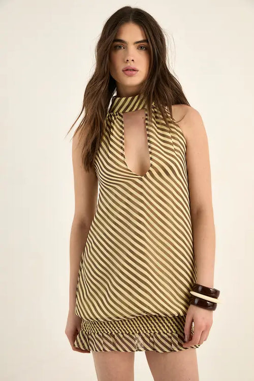 LANECHIC  Chiffon Stripe Scarf Tie Elasticated Ruffle Mini Dress