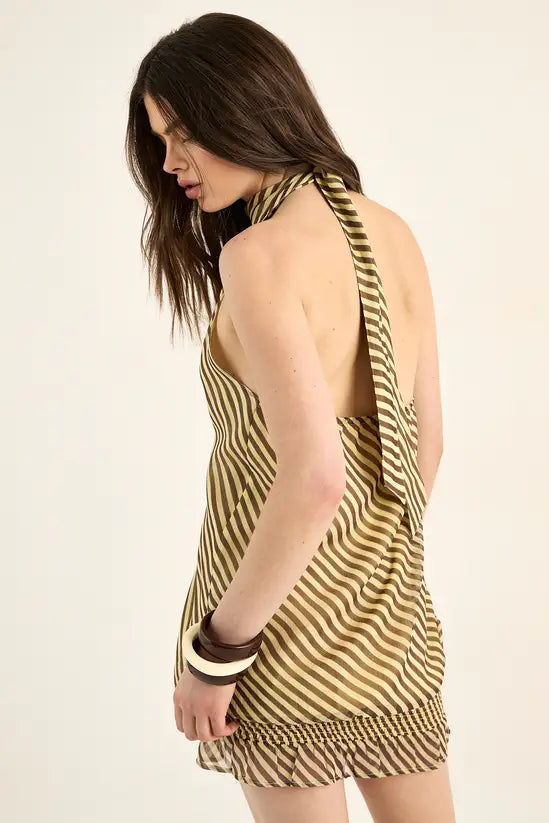 LANECHIC  Chiffon Stripe Scarf Tie Elasticated Ruffle Mini Dress