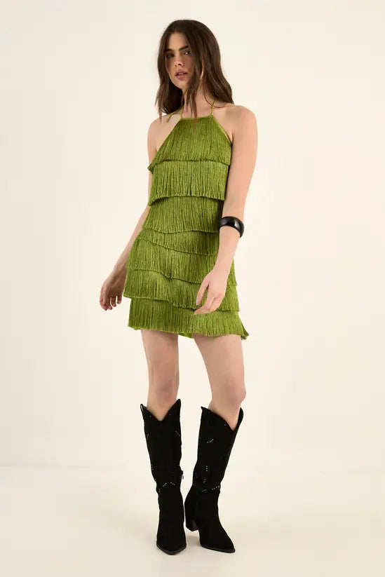 LANECHIC  Fringe Halter Neck Mini Dress